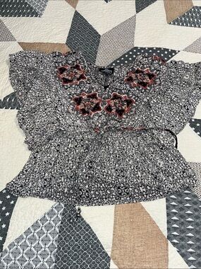 Angie Black and Red Floral Embroidered Smocked Waist Top